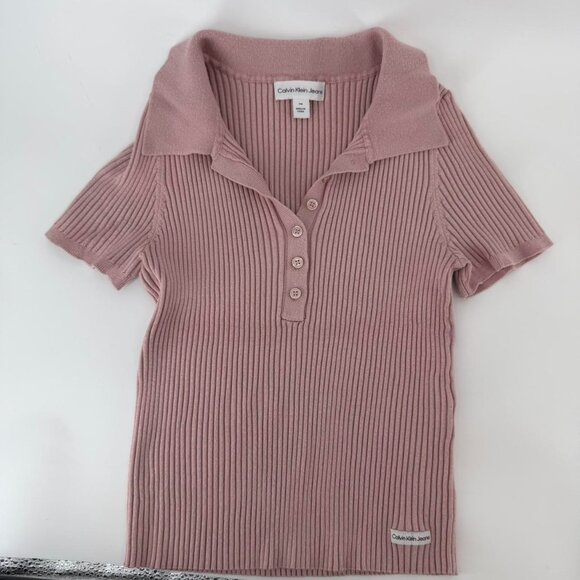 Calvin Klein Jeans Ribbed Knit Polo Top Dusty Pink Short Sleeve Petite M - Picture 1 of 5